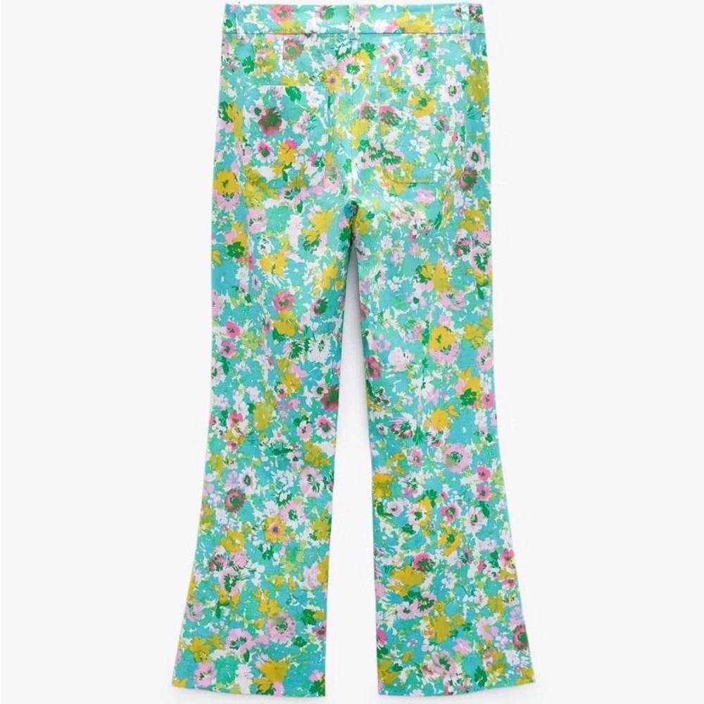 ZARA PRINTED‎ LINEN-BLEND MINI FLARE TROUSERS